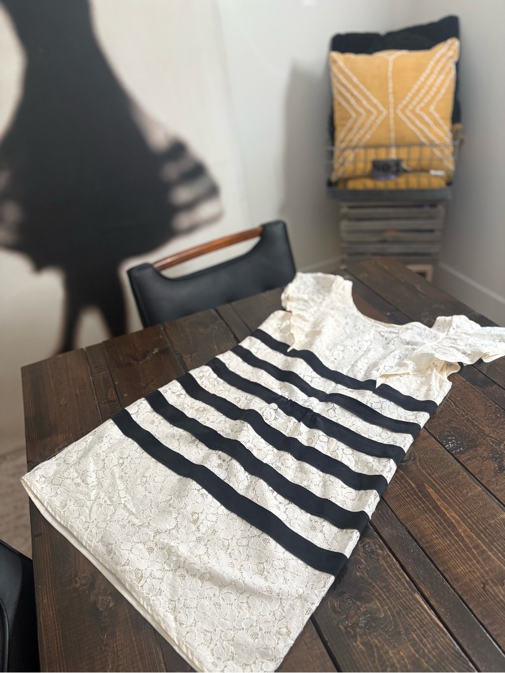 BCBG Cream Lace Sheath Dress with Bold Black Stripes
